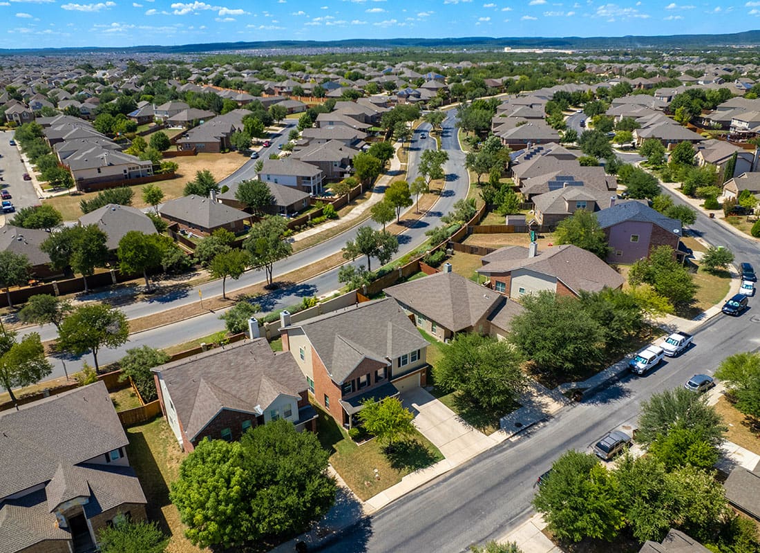 Pearland, TX - Aerial view of homes in Texas on a sunny day